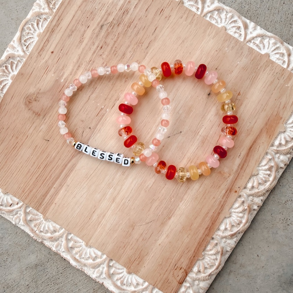 Blessed Beaded Stretch Bracelet Set - Pink, Red & Gold Tones